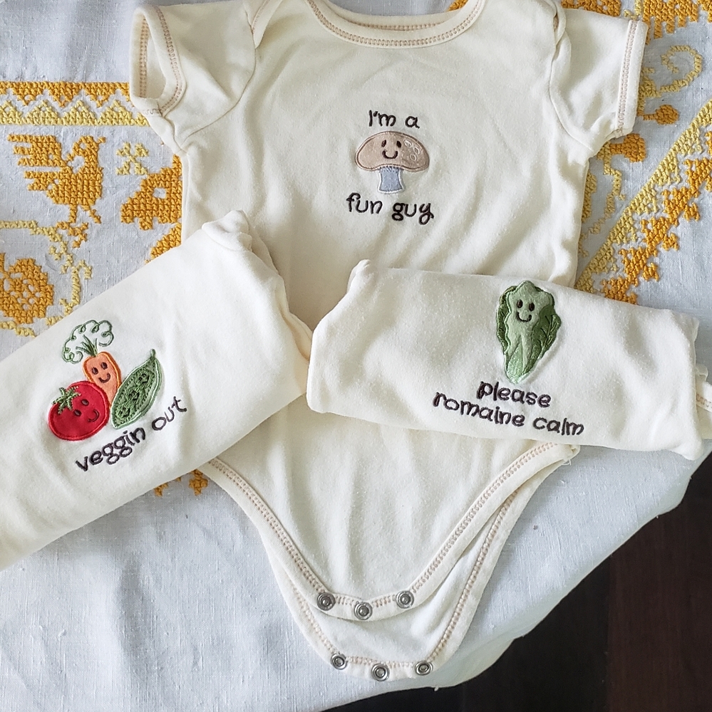 3 veggie onesies 6-9 months